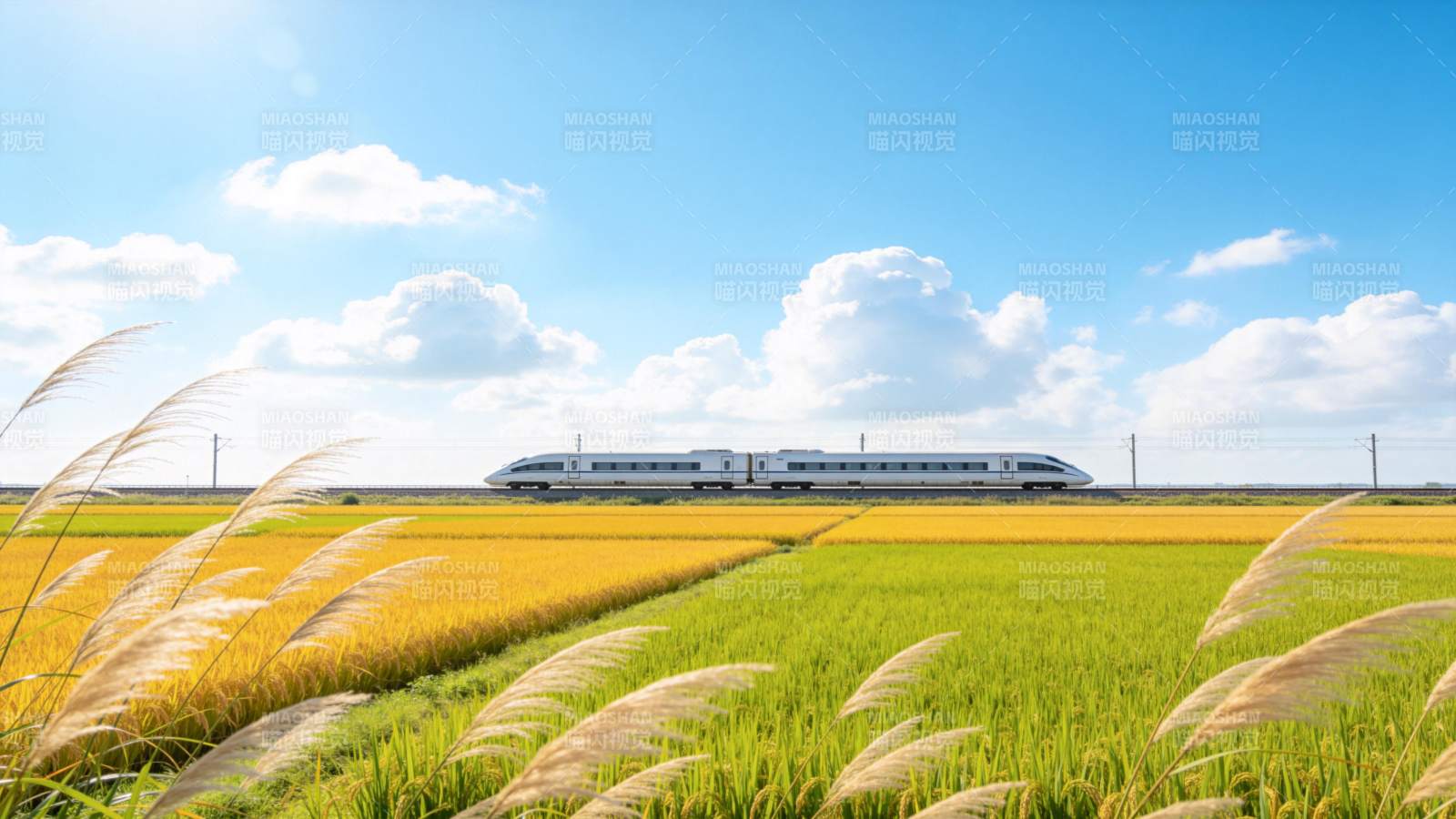 高铁穿行稻田间图片