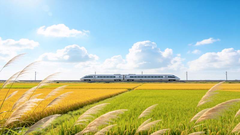 高铁穿行稻田间图片