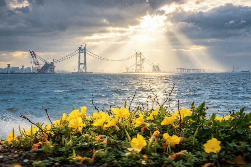 花海映桥 夕阳穿云图片
