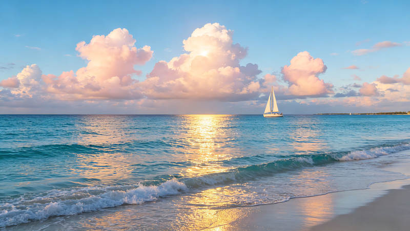 夕阳帆船映海天一色图片