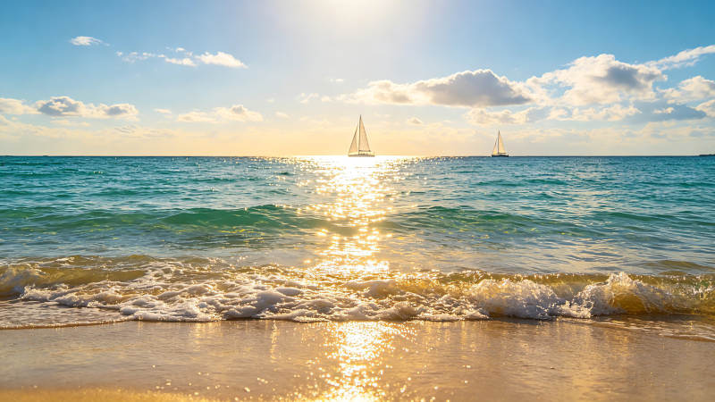 夕阳帆影 海浪轻吻沙滩图片