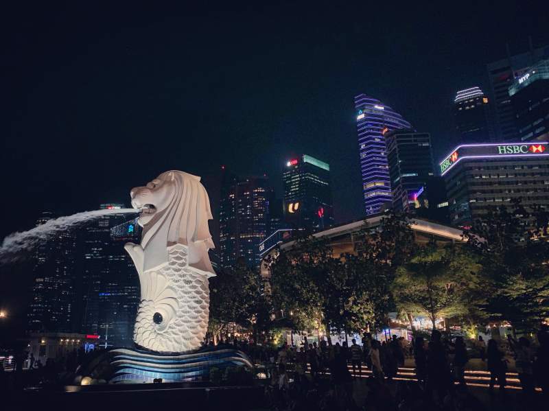 新加坡鱼尾狮夜景璀璨图片