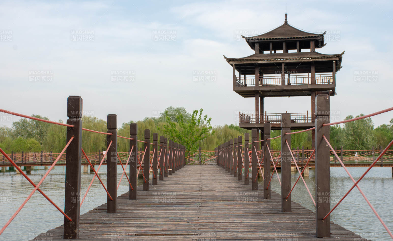 台儿庄双龙湖观鸟园湖上木桥连古亭图片