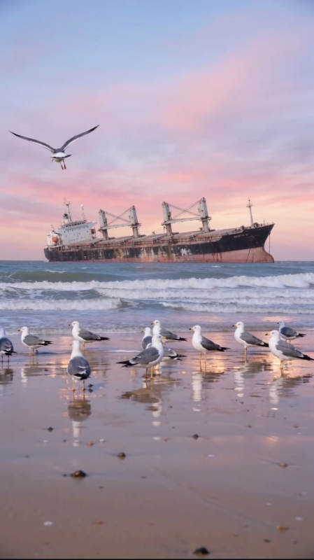 海鸥伴沉船 夕照染海滩图片