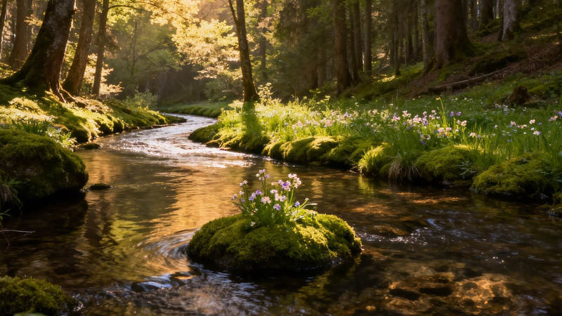林间溪流 花影斑驳图片