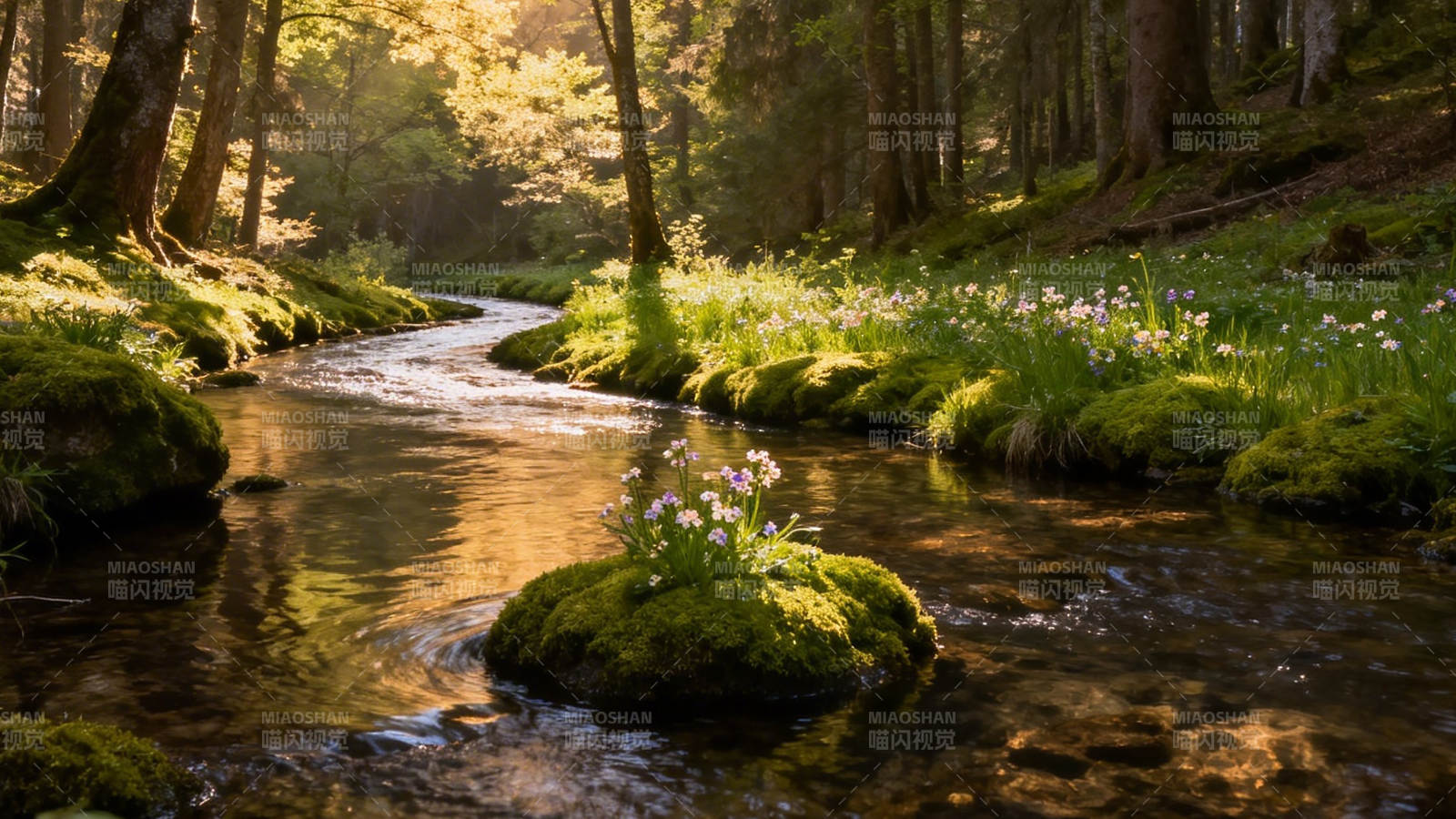 林间溪流 花影斑驳图片