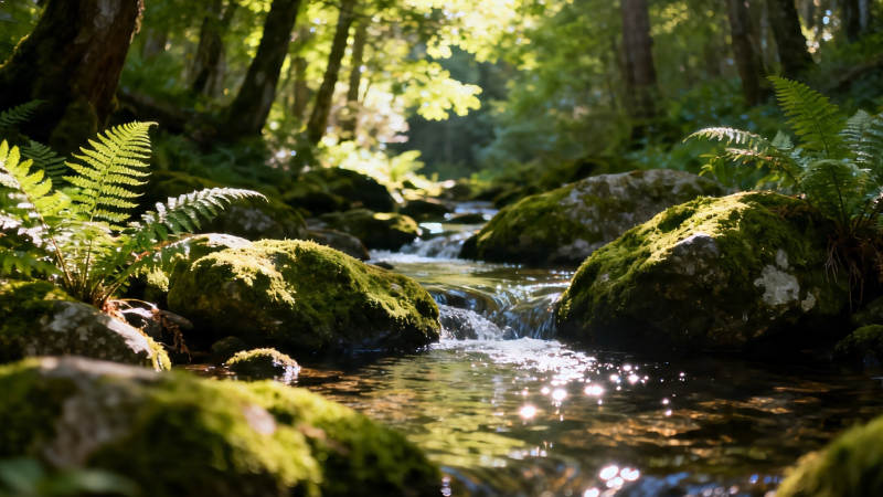 林间溪流 苔石映光图片