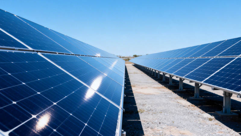 太阳能板阵列蓝天之下图片