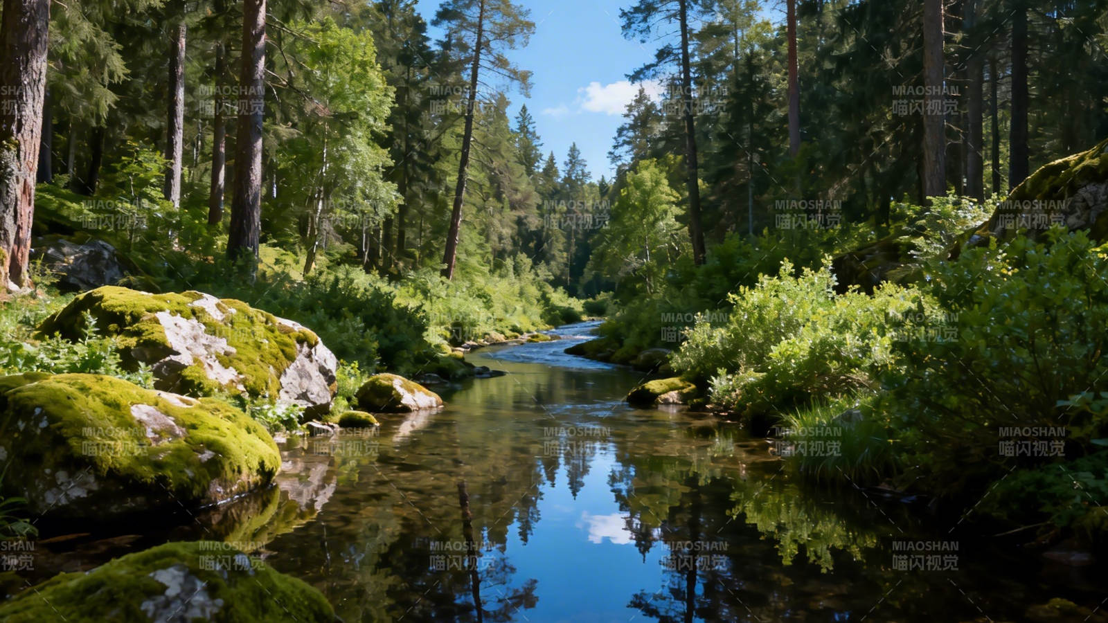 林间溪流 苔石映蓝天图片