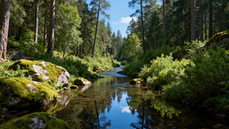 林间溪流 苔石映蓝天图片