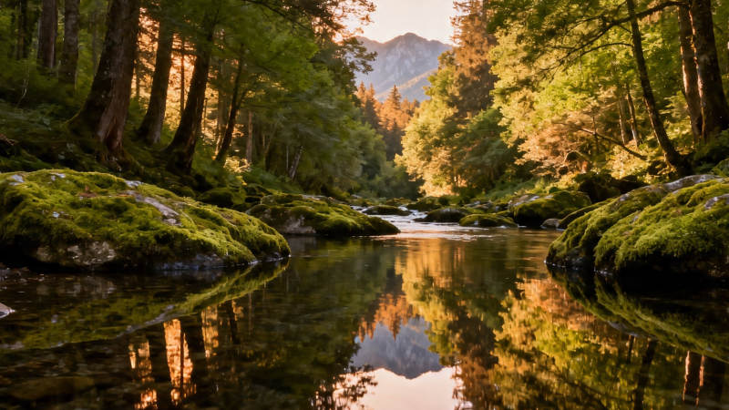 林间溪流映山影图片