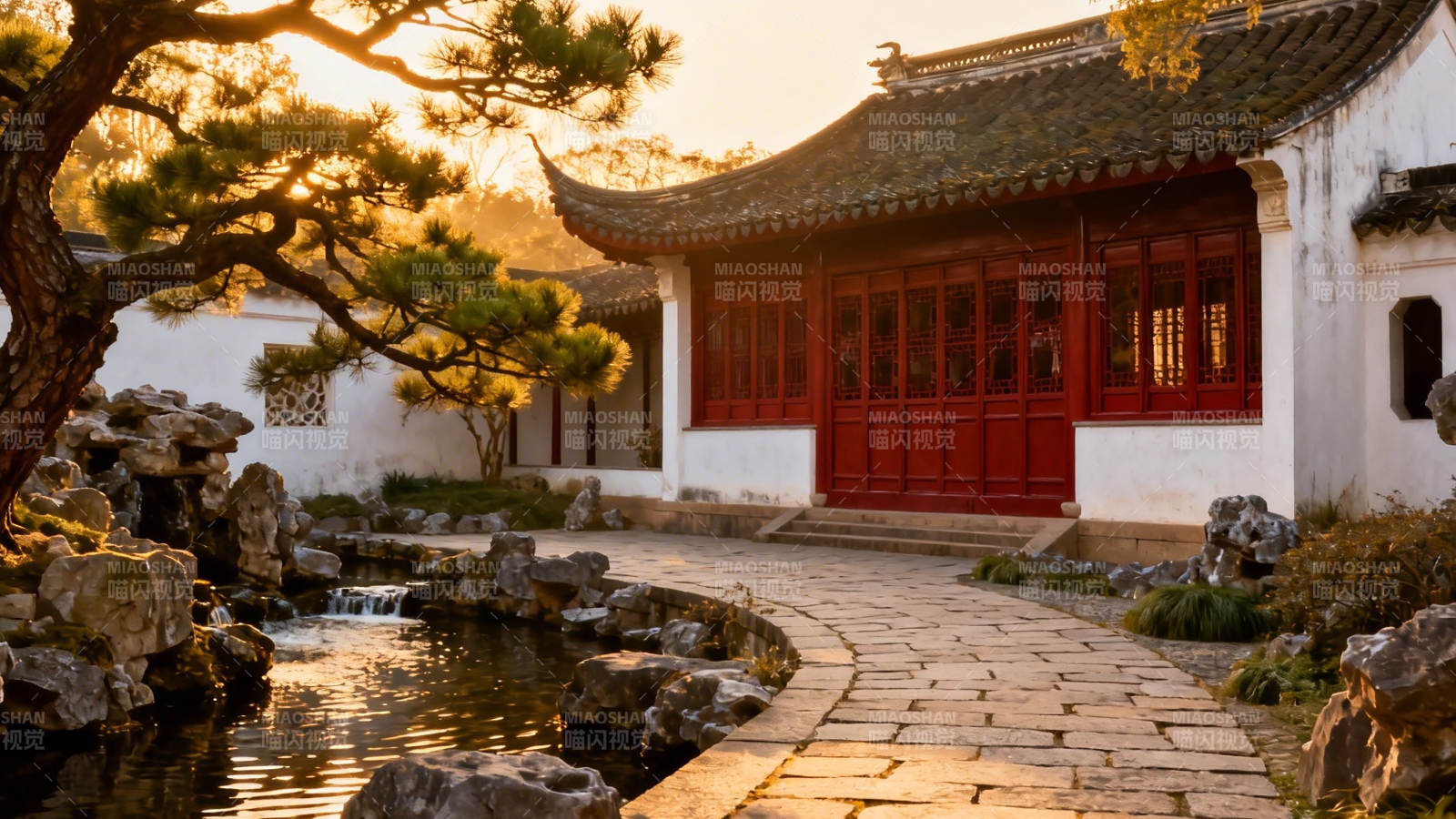 夕阳古园 红门映水景图片