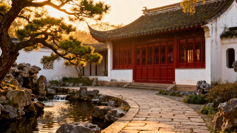 夕阳古园 红门映水景图片