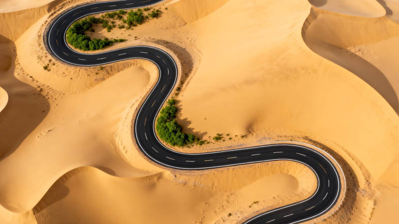 沙漠蜿蜒公路 绿洲点缀其间图片