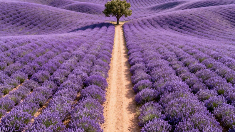 薰衣草田中的孤树小径图片