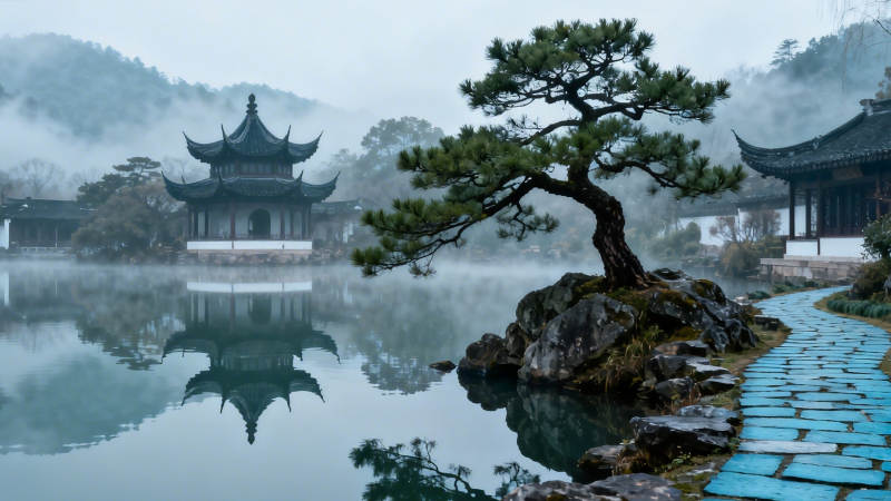 雾锁古亭 松影映水图片