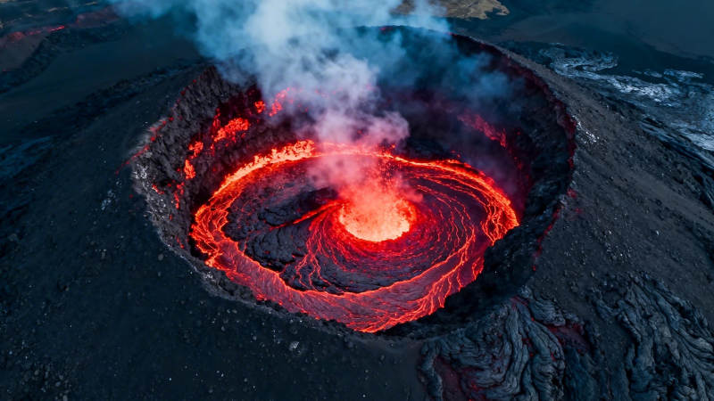 火山口熔岩翻滚冒烟图片