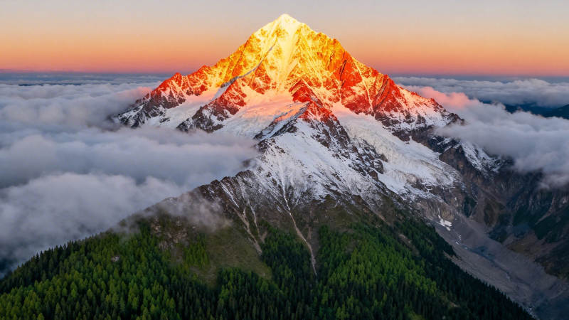 雪山之巅 云海映霞光图片