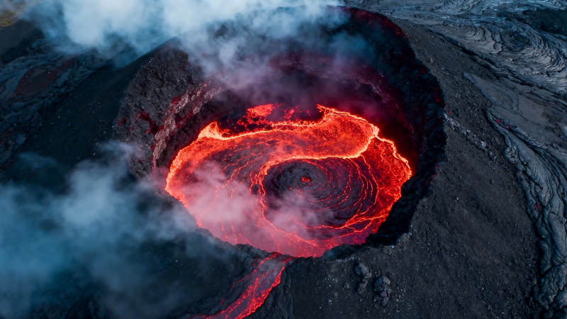 火山口熔岩旋涡喷发图片