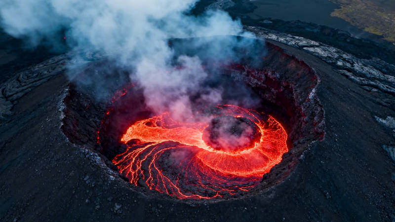 火山口熔岩漩涡喷发图片