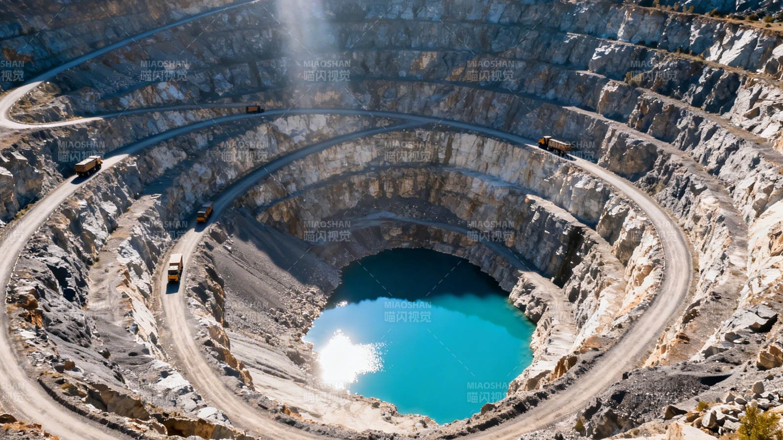 矿坑碧湖 螺旋路环绕图片