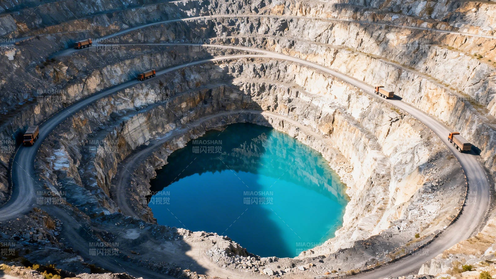 矿坑碧湖 螺旋路绕山崖图片