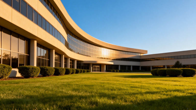 现代弧形建筑映蓝天绿茵图片