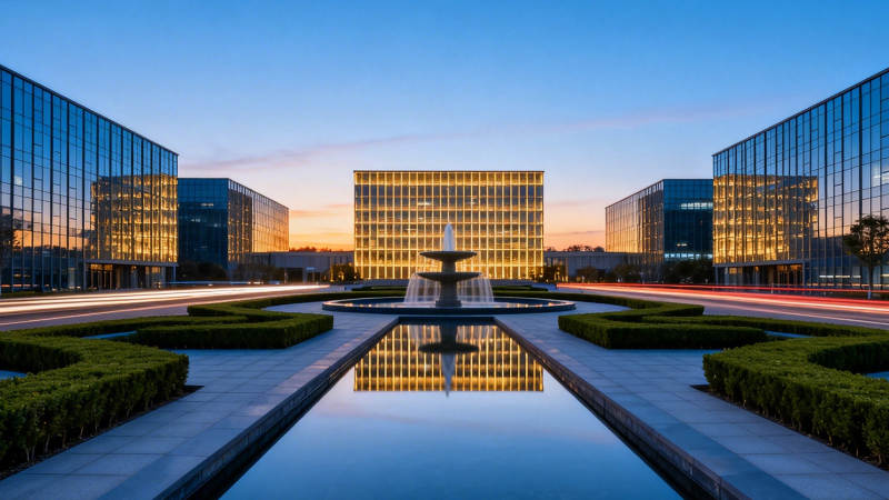 现代建筑群黄昏倒影美景图片