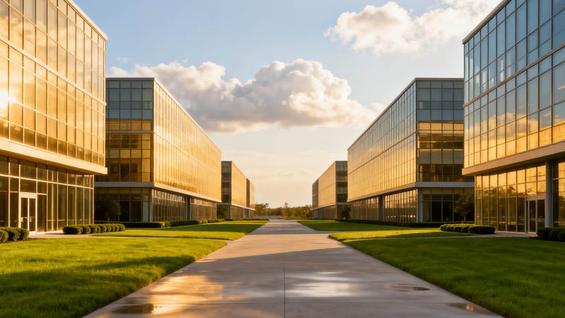 现代玻璃建筑群夕阳映照图片