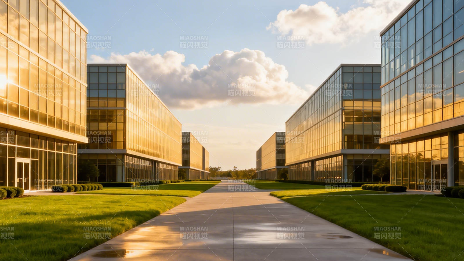 现代玻璃建筑群夕阳映照图片