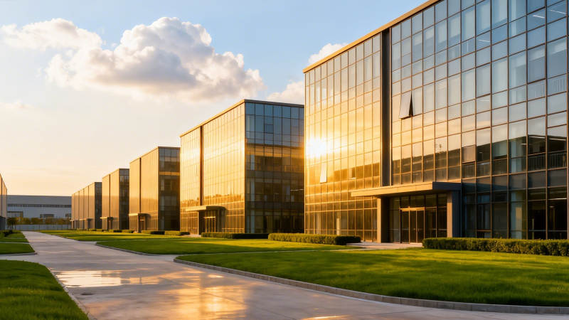 夕阳映照现代玻璃建筑群图片