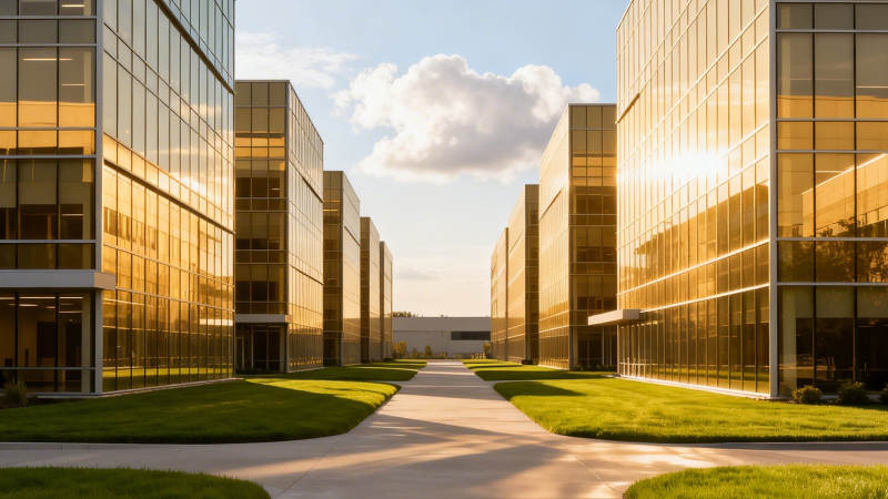 金色玻璃楼群映夕阳图片