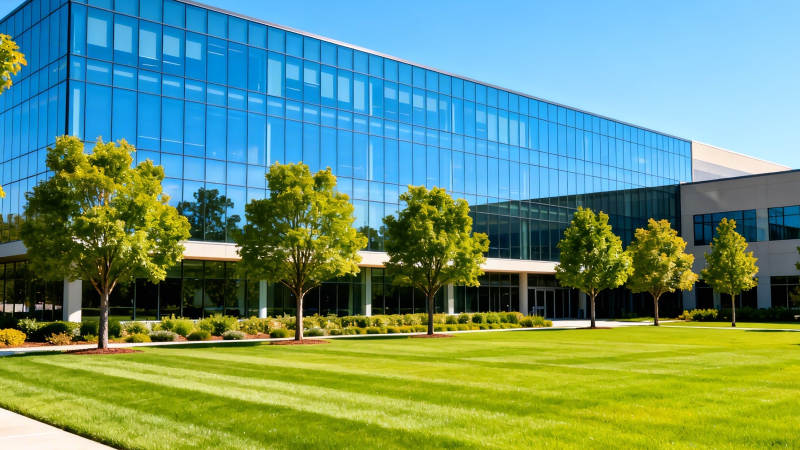 现代玻璃幕墙办公楼前绿茵草坪图片