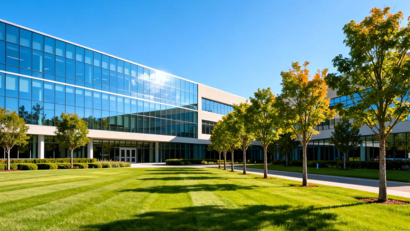 现代玻璃办公楼与绿茵草坪图片