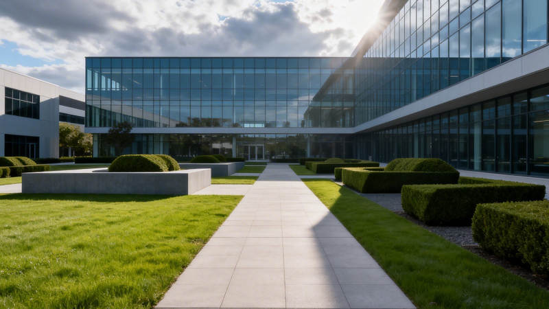 现代玻璃建筑与绿庭园景图片