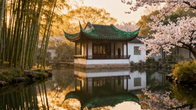 春樱映亭 竹影水韵图片