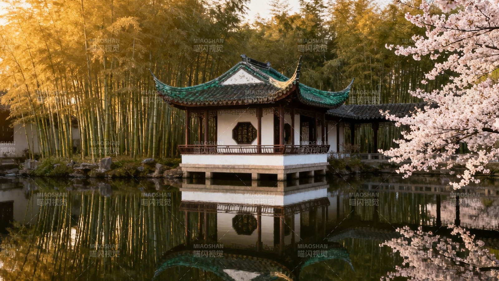 春樱映古亭 竹影倒水中图片