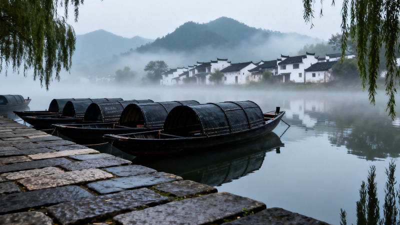 烟雨江南 古村泊舟静图片