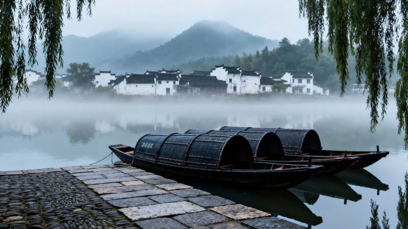 雾锁江南 乌篷静泊水云间图片