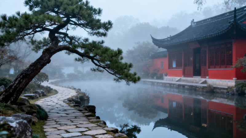 雾锁古寺 松影映水静图片