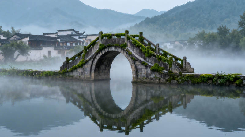 雾锁古桥 倒影如画图片