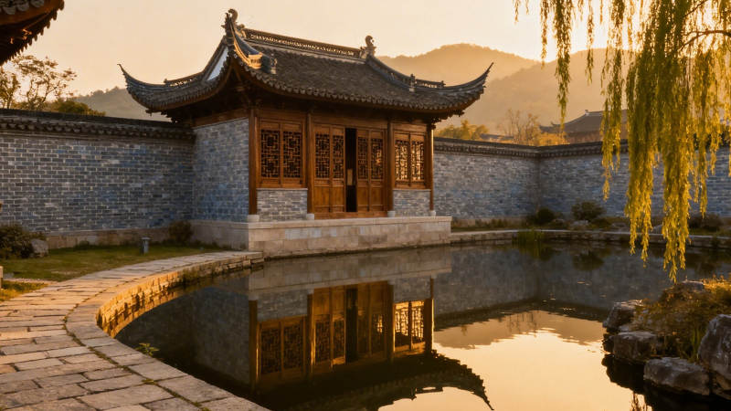 古亭映水 夕阳柳影图片