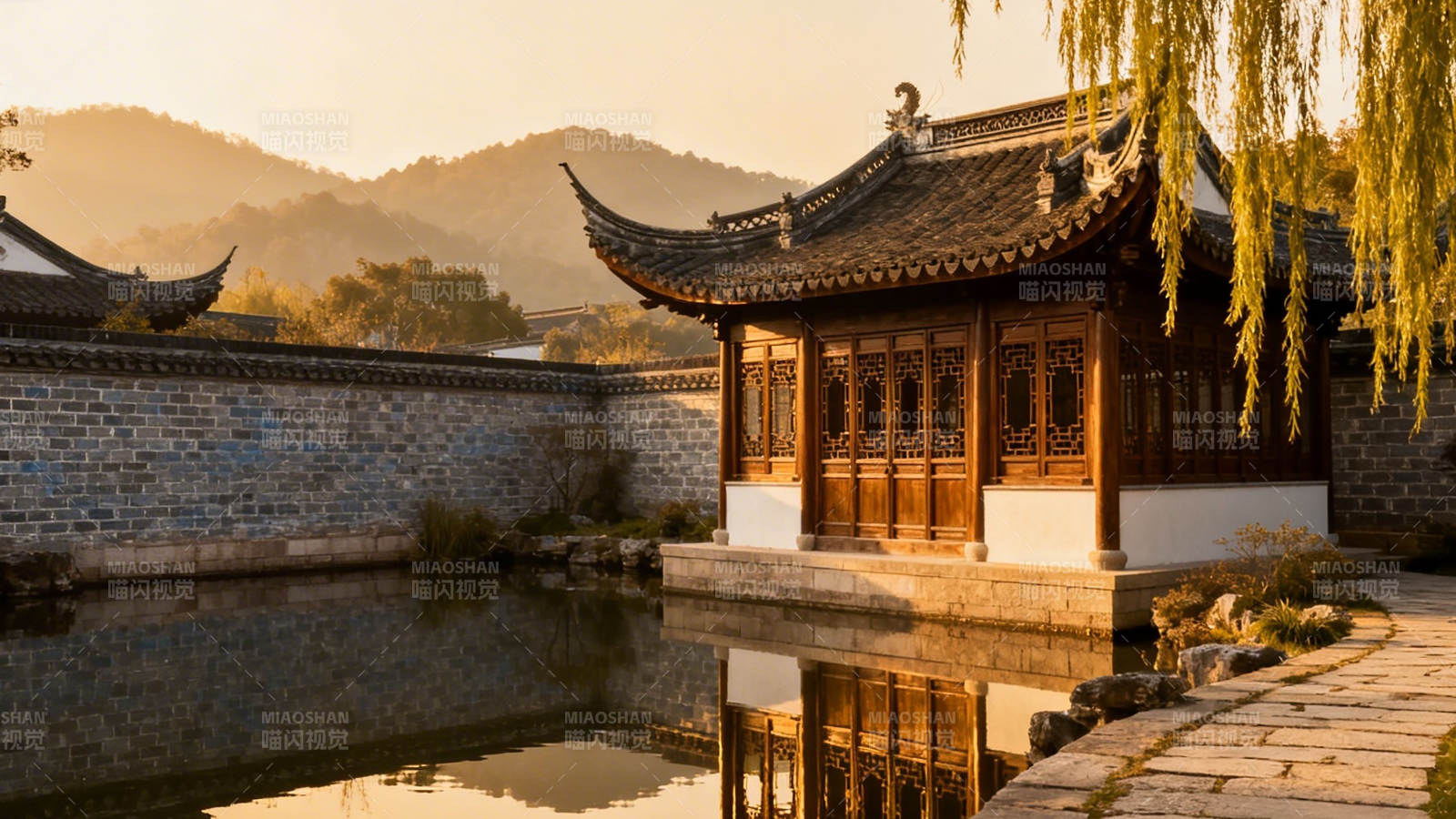 古亭映水 柳影黄昏图片