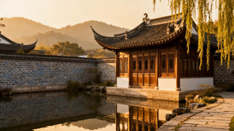 古亭映水 柳影黄昏图片