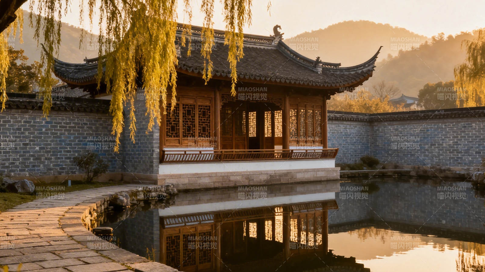 古亭映水 柳影黄昏图片