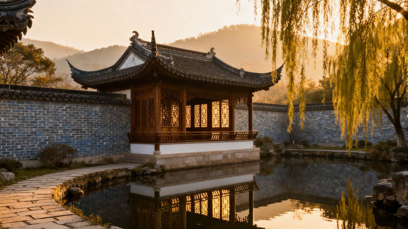 古亭映水 柳影夕阳图片