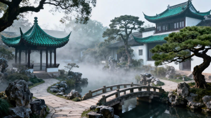 雾锁园林 亭桥映翠图片