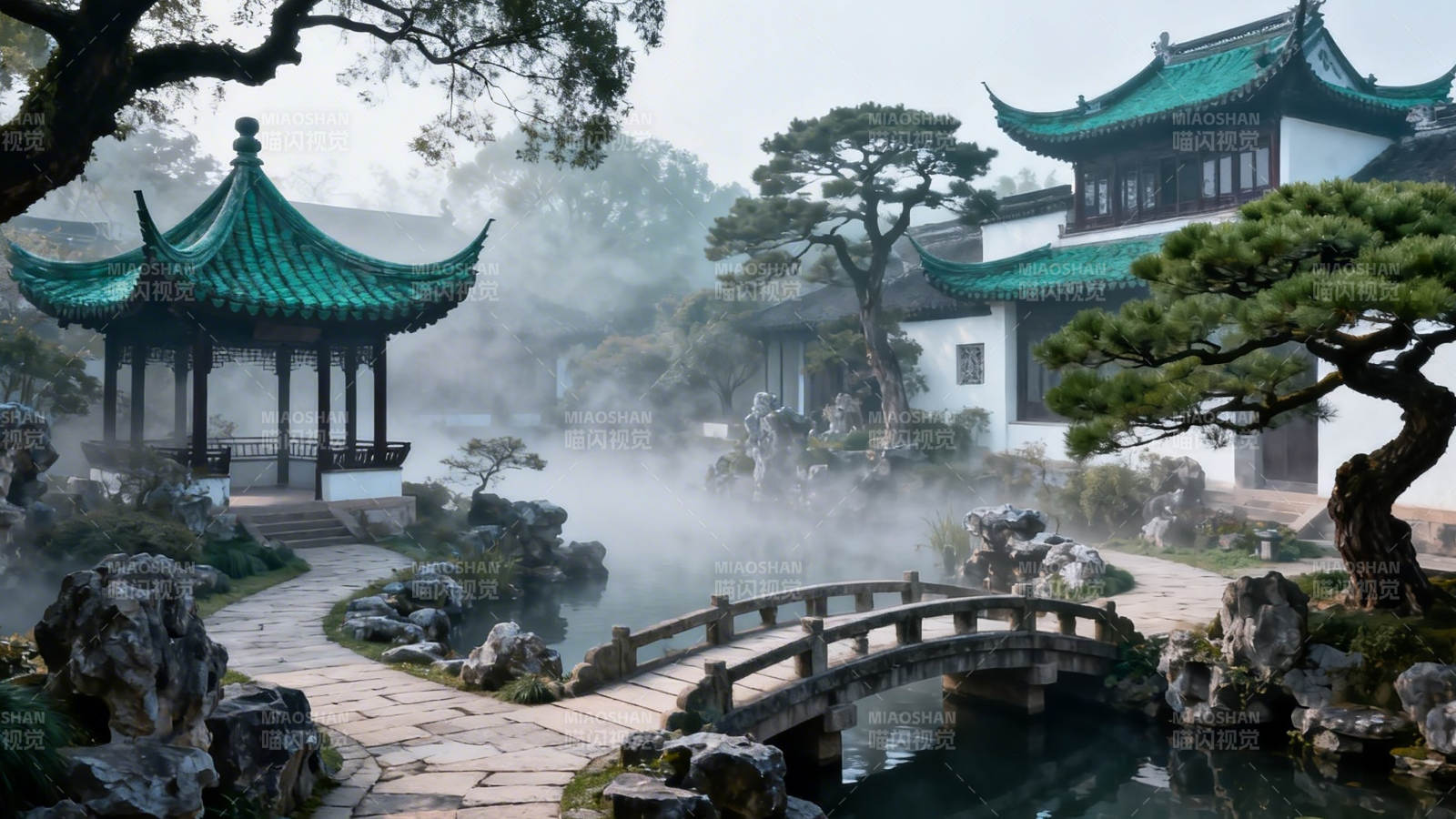 雾锁园林 亭桥映翠图片