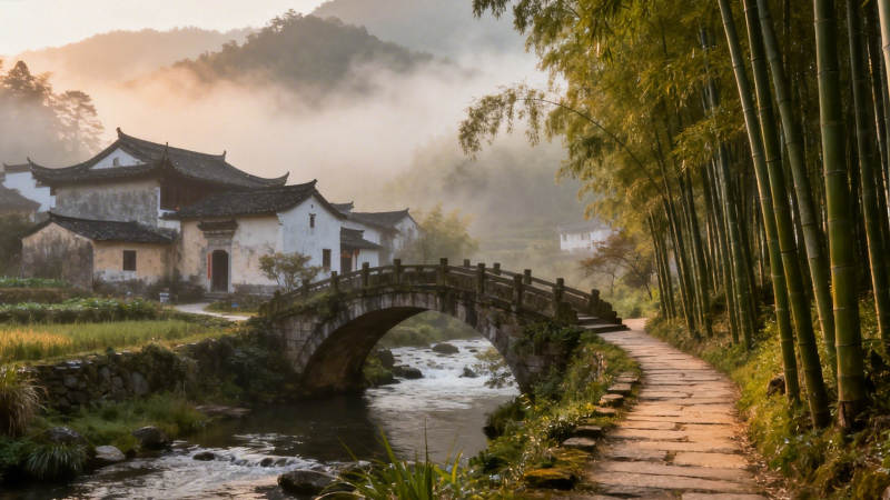 古桥竹林晨雾绕山村图片