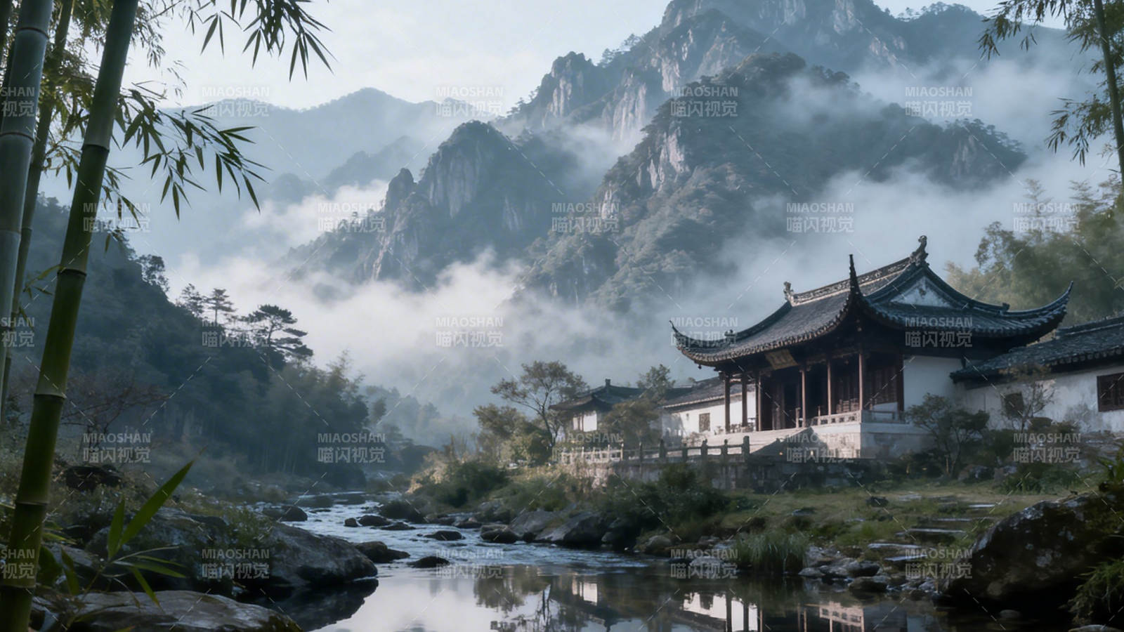 山居竹影 云绕古亭图片